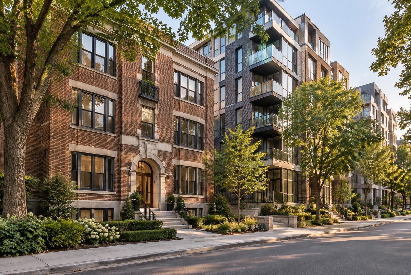 Toronto low-rise and mid-rise apartment buildings on a tree-lined street