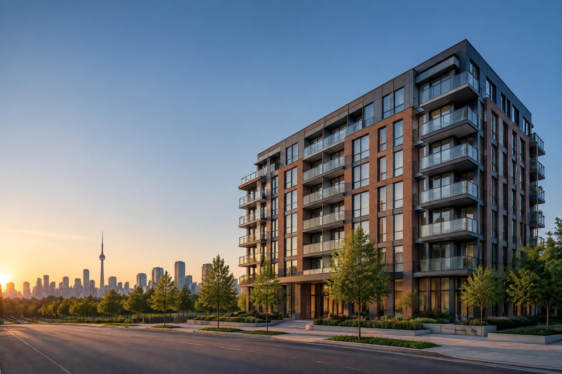 Modern mid-rise Toronto apartment building with the city skyline